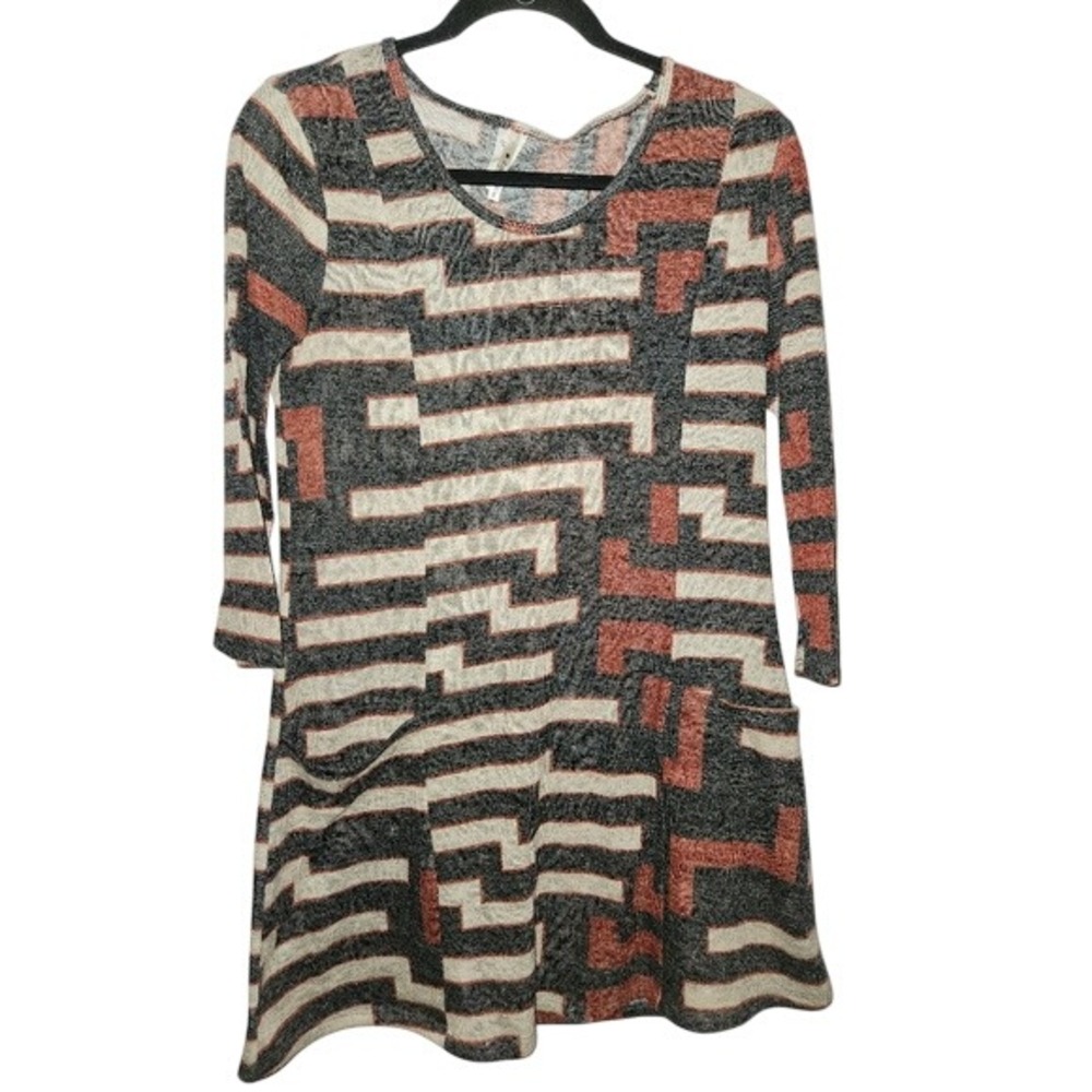 42Pops Abstract Geo Print Knit Dress Tunic Top Mini Small Pockets Casual  Small‎